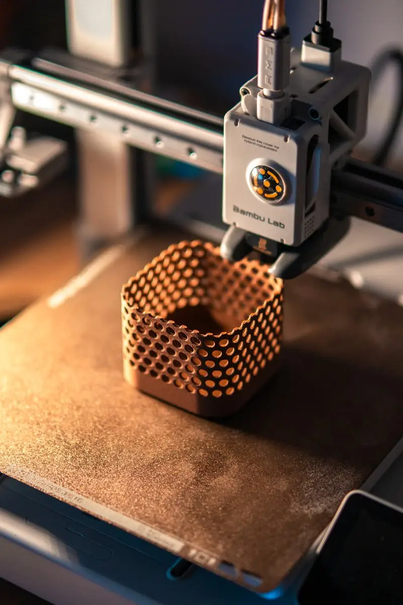 Close-up of a 3D printer creating a hexagonal object in a dimly lit workspace.
